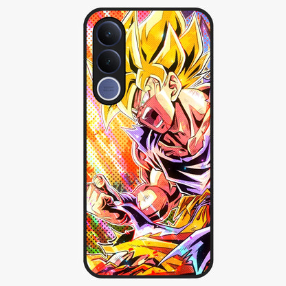 Firing Goku Glass Case showing flat back view with powerful anime inspired artwork and glossy glass finish.