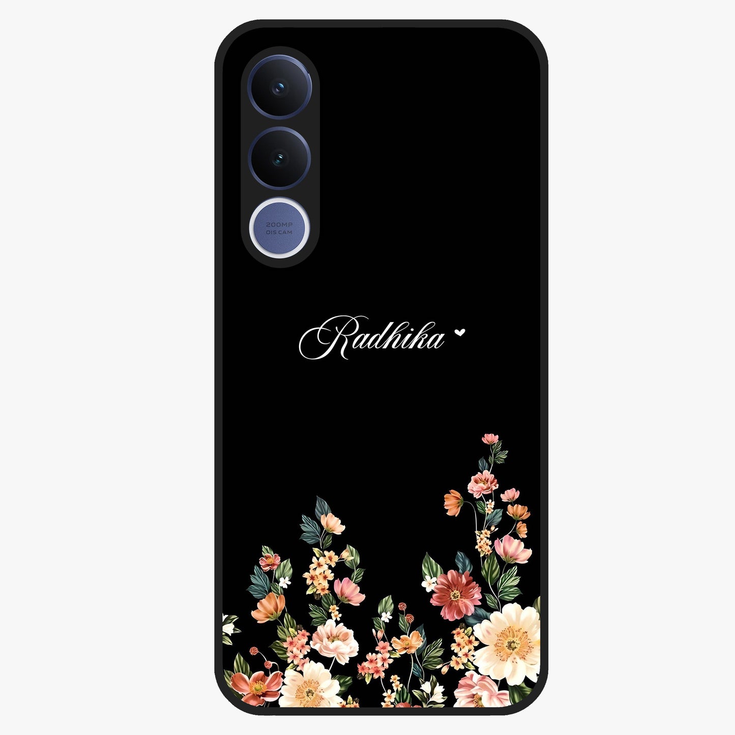 Floral Design With a Custom Personalized Name Glass Case showing flat back view with floral artwork and personalized name design.