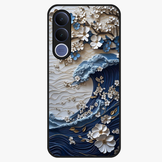 Floral Wave Origami Glass Case showing flat back view with origami inspired floral wave artwork and glossy glass finish.