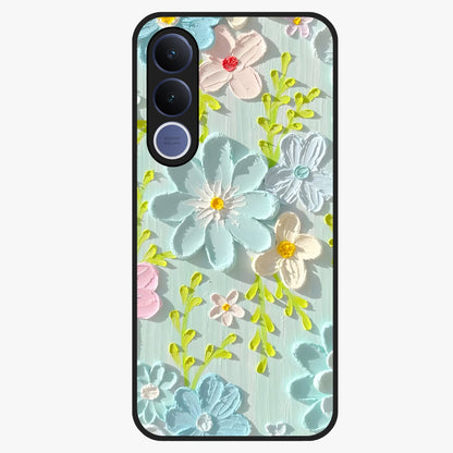 Frosted Petal Garden Glass Case showing flat back view with soft frosted floral artwork and glossy glass finish.