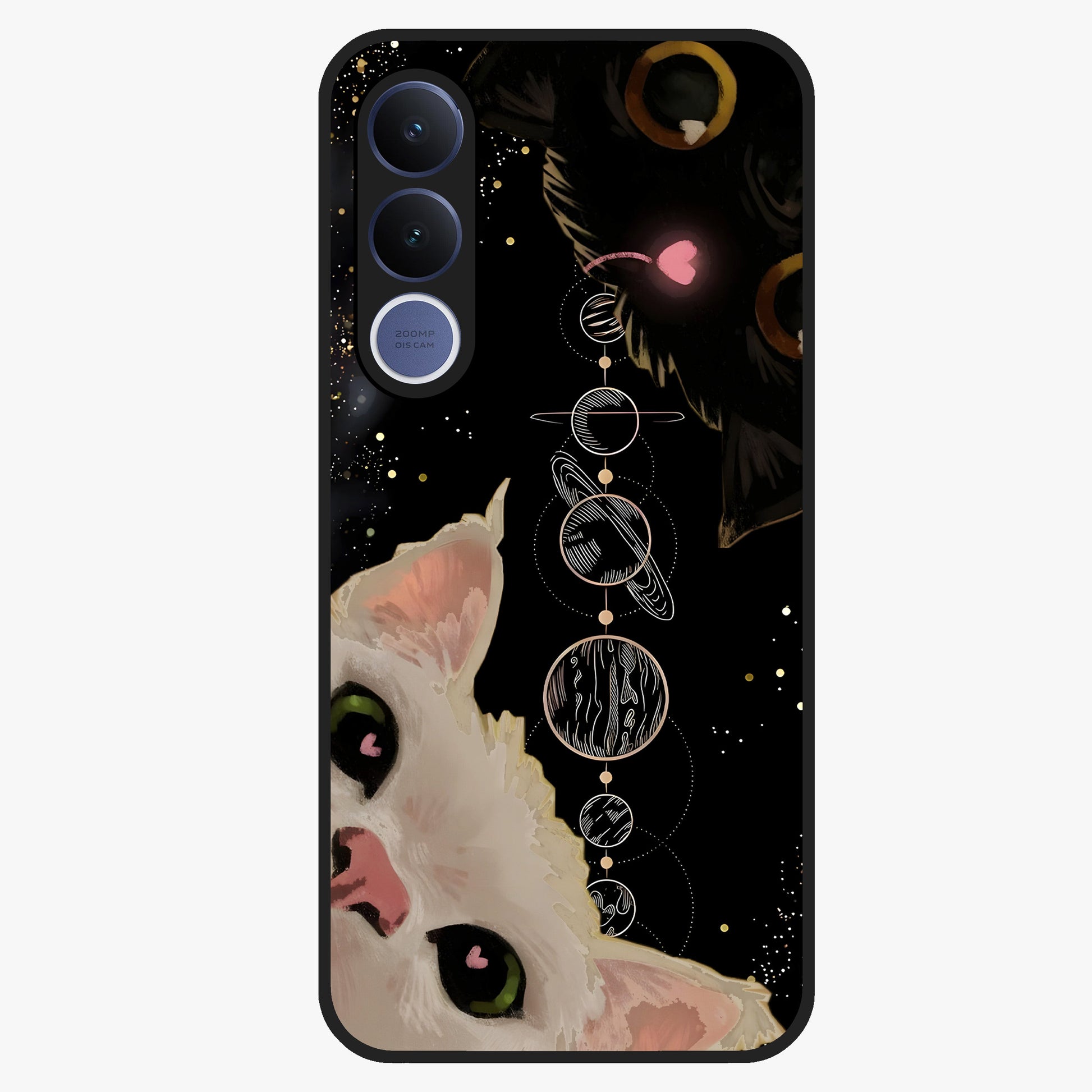 Galactic Cat Glass Case showing flat back view with cosmic cat artwork and glossy glass finish.