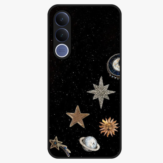 Galactic Charm Glow Glass Case showing flat back view with glowing celestial charm artwork and glossy glass finish.