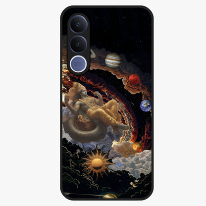 Galactic Divine God Glass Case showing flat back view with divine cosmic themed artwork and glossy glass finish.
