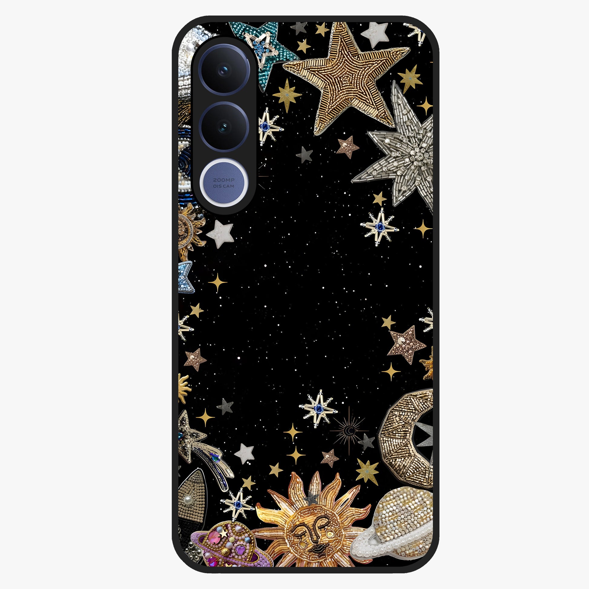 Galactic Jewel Stars Glass Case showing flat back view with sparkling star jewel artwork and glossy glass finish.