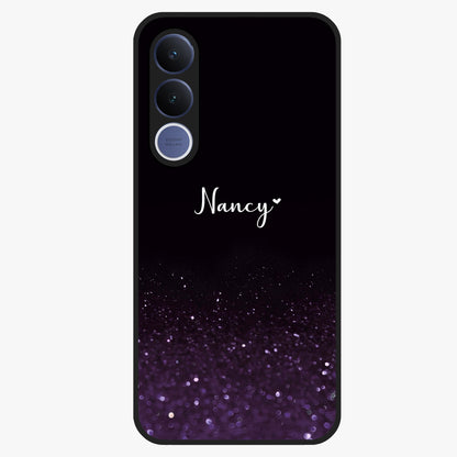 Glittery Purple Bokeh Custom Name Glass Case showing flat back view with purple bokeh sparkle artwork and personalized name design.