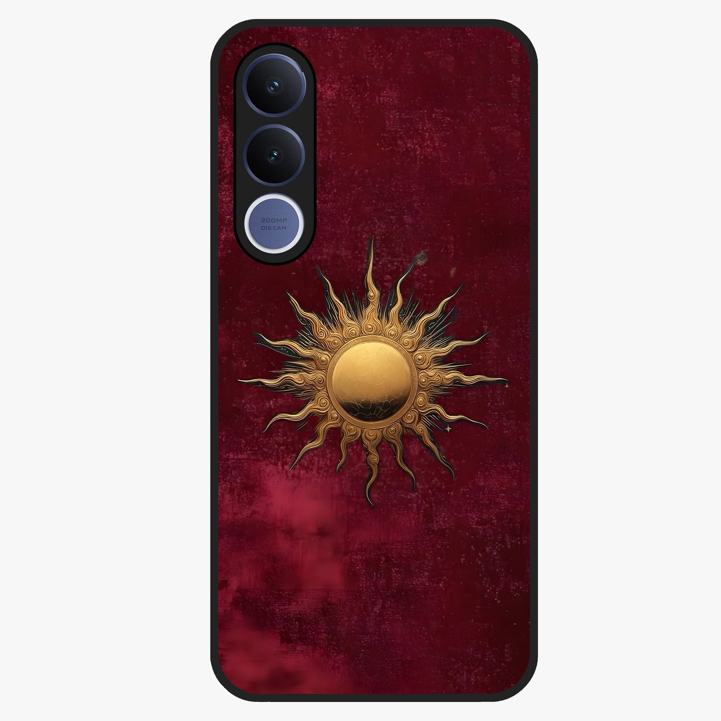Gold Sun Blush Glass Case showing flat back view with golden sun inspired artwork and glossy glass finish.
