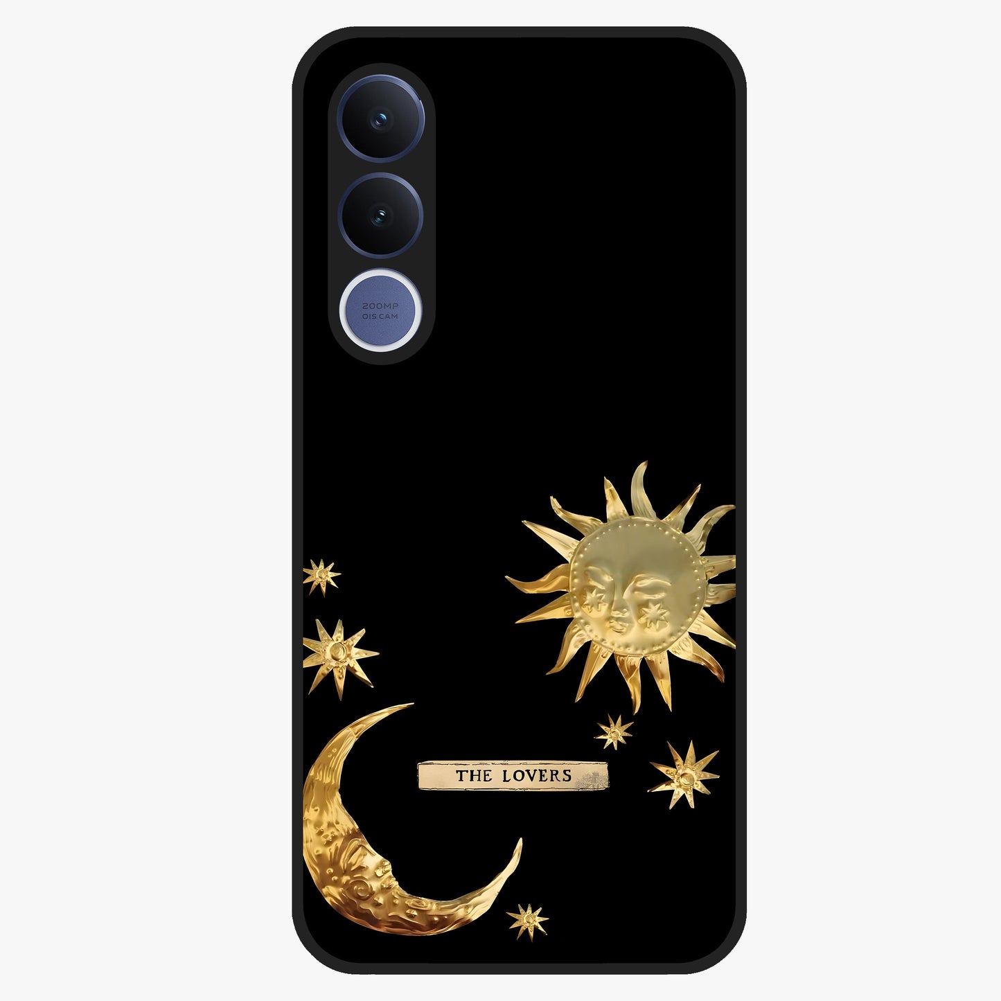 Golden Celestial Charm Glass Case showing flat back view with golden celestial charm artwork and glossy glass finish.