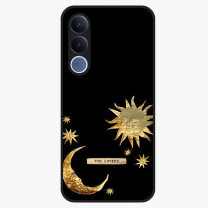 Golden Celestial Charm Glass Case showing flat back view with golden celestial charm artwork and glossy glass finish.
