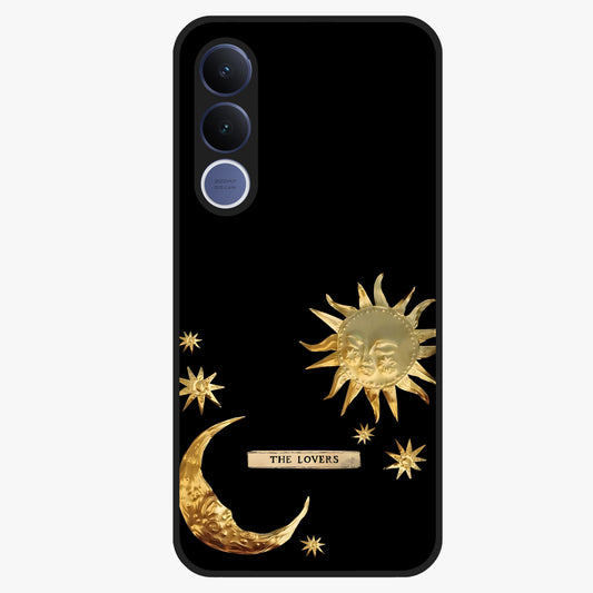 Golden Celestial Charm Glass Case showing flat back view with golden celestial charm artwork and glossy glass finish.