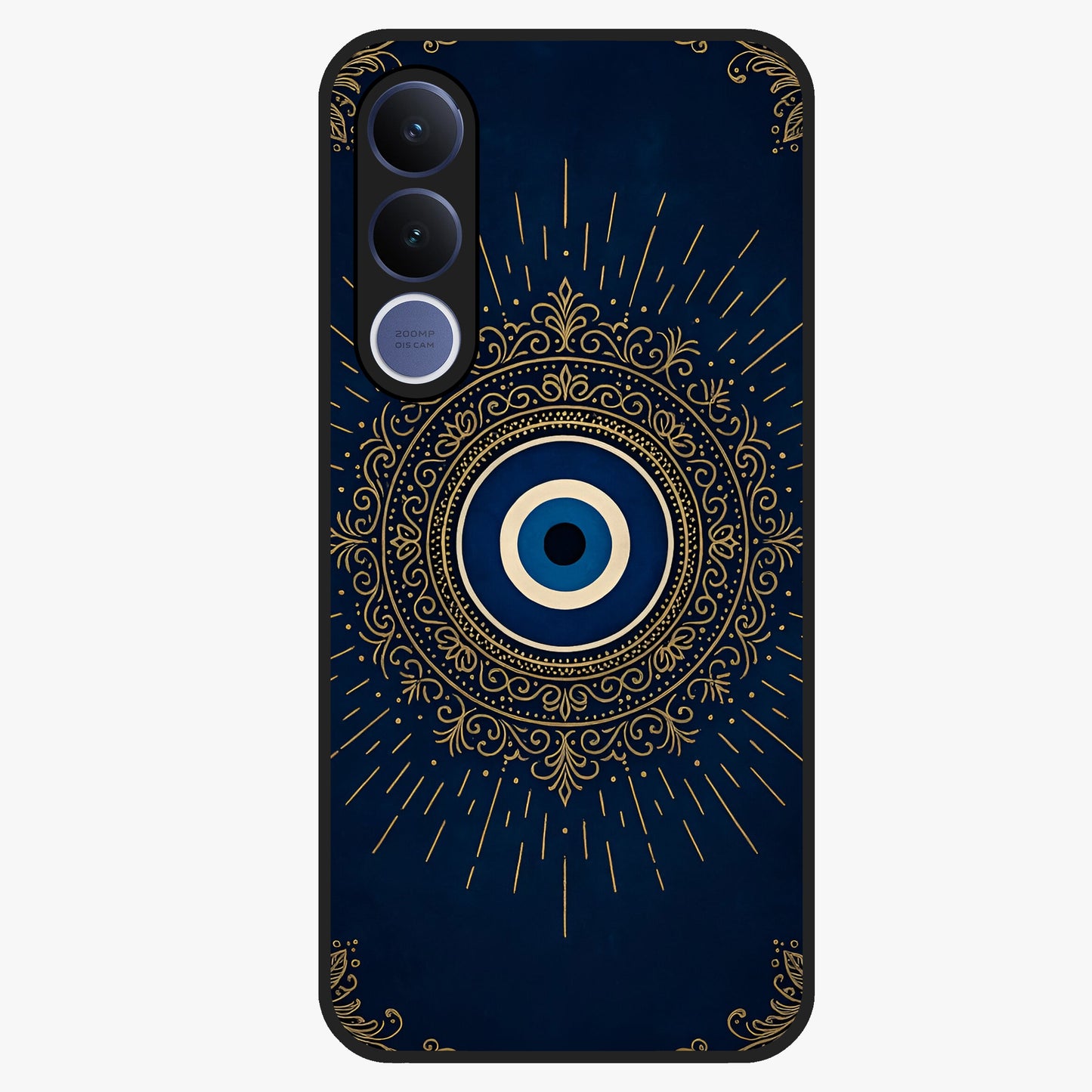 Golden Evil Eye Mandala Glass Case showing flat back view with intricate evil eye mandala artwork and glossy glass finish.
