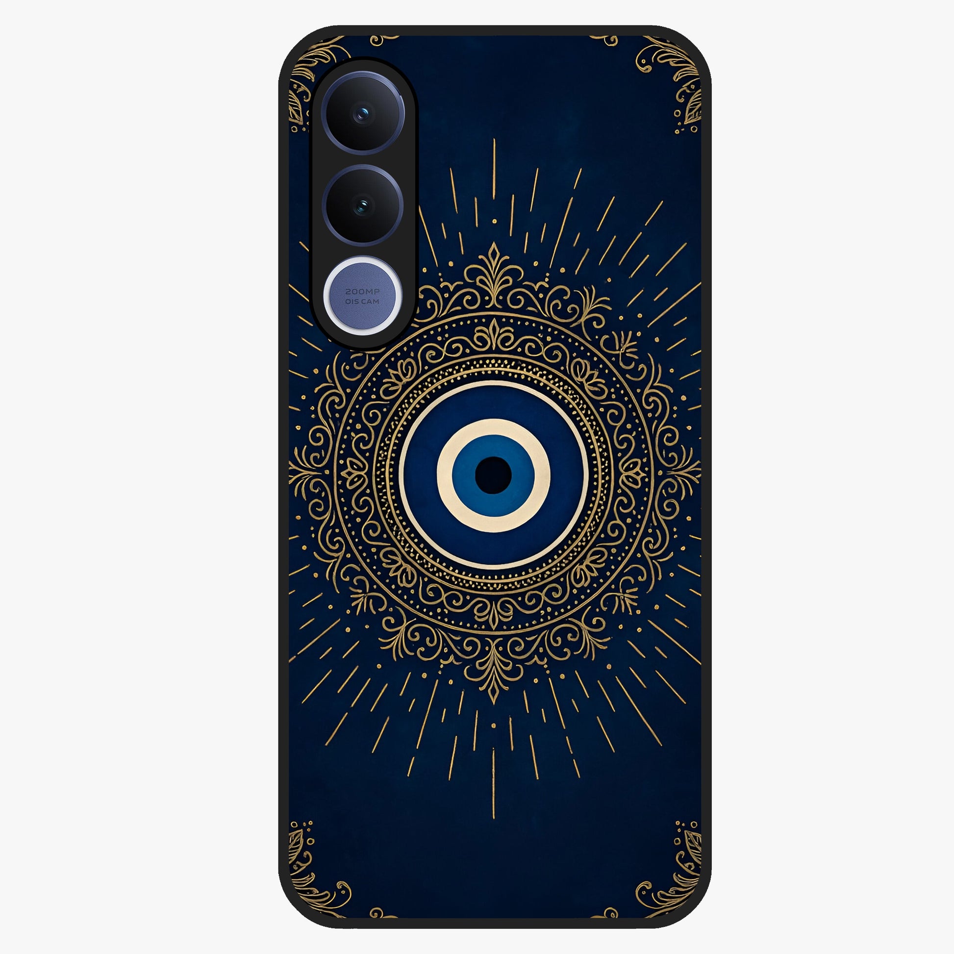 Golden Evil Eye Mandala Glass Case showing flat back view with intricate evil eye mandala artwork and glossy glass finish.