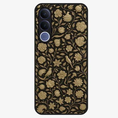 Golden Floral Majesty Glass Case showing flat back view with luxurious golden floral artwork and glossy glass finish.
