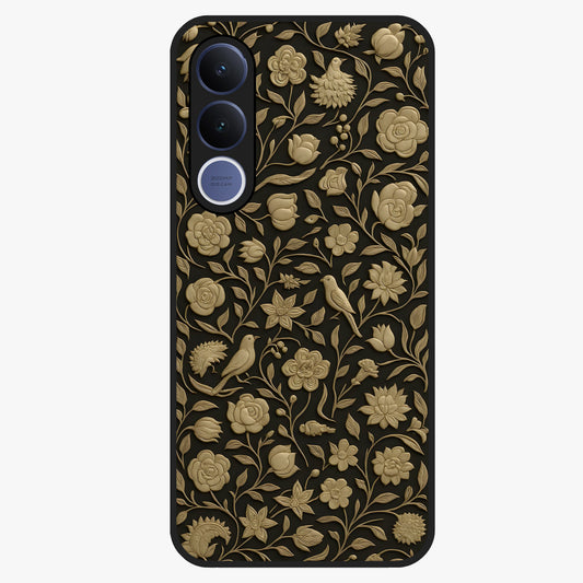 Golden Floral Majesty Glass Case showing flat back view with luxurious golden floral artwork and glossy glass finish.