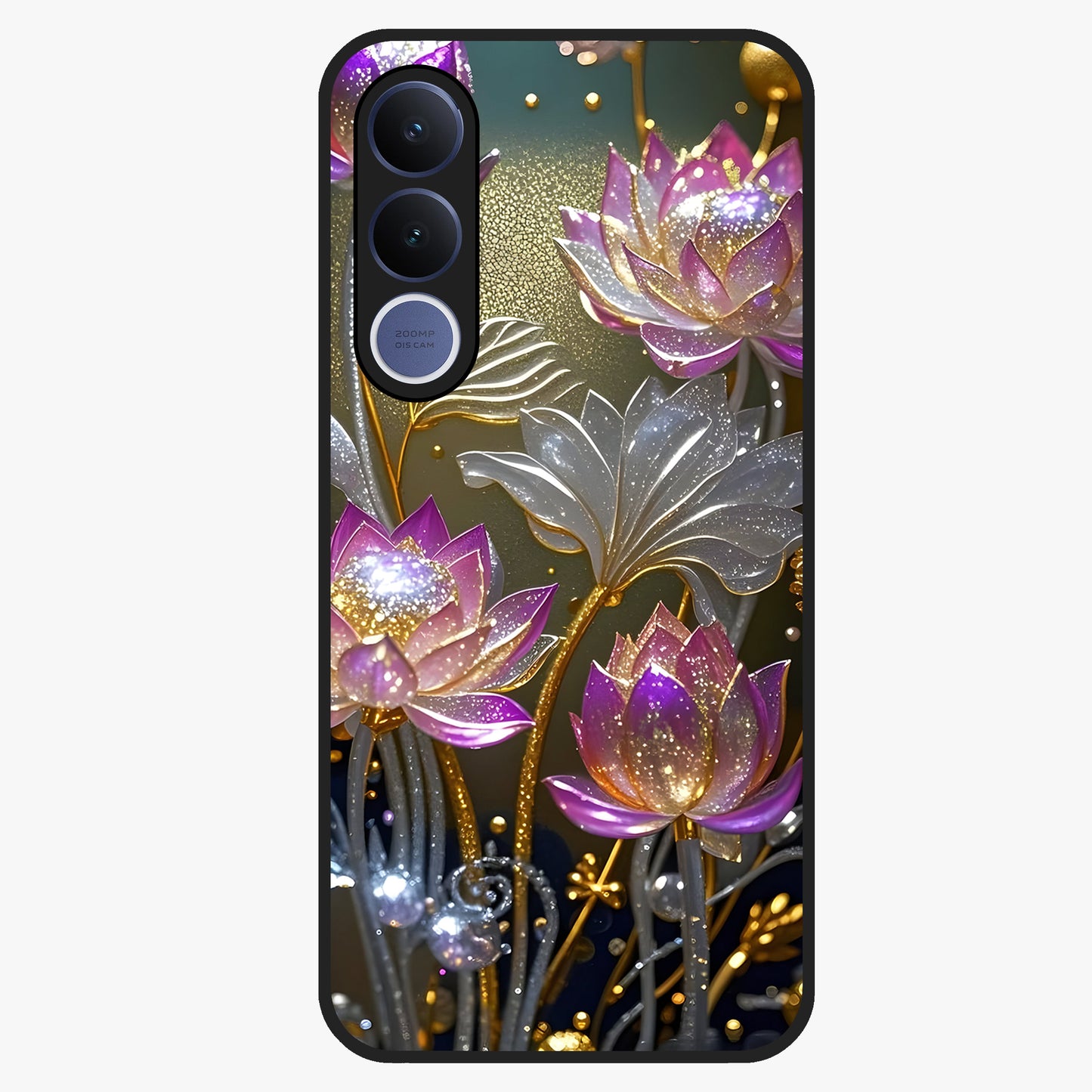 Golden Lotus Glow Glass Case showing flat back view with glowing lotus flower artwork and glossy glass finish.