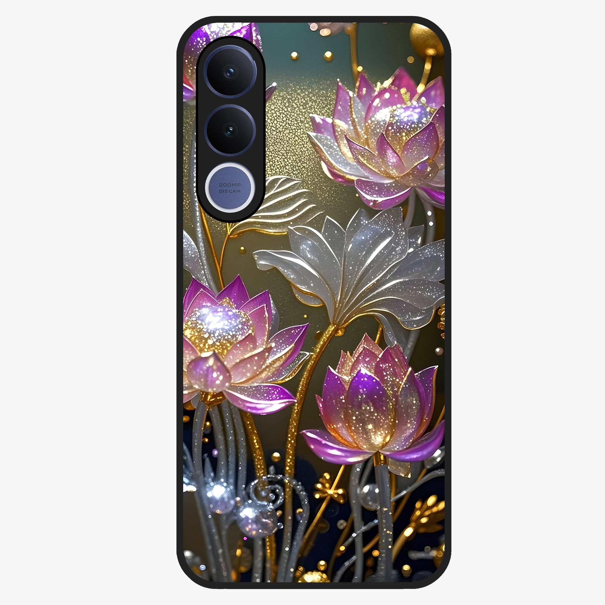 Golden Lotus Glow Glass Case showing flat back view with glowing lotus flower artwork and glossy glass finish.