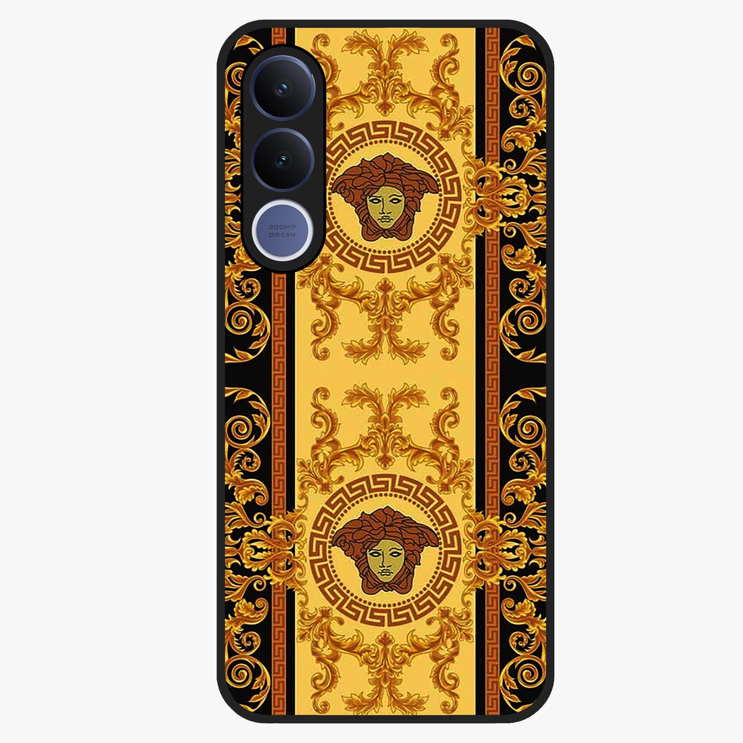 Golden Royal Heritage Glass Case showing flat back view with ornate royal pattern artwork and glossy glass finish.