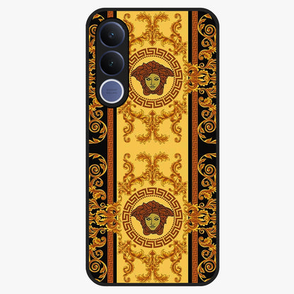 Golden Royal Heritage Glass Case showing flat back view with ornate royal pattern artwork and glossy glass finish.