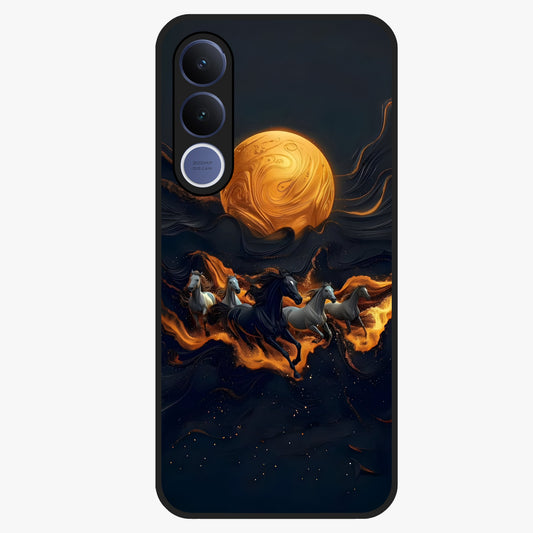 Golden Stallion Moonride Glass Case showing flat back view with majestic horse under moonlight artwork and glossy glass finish.