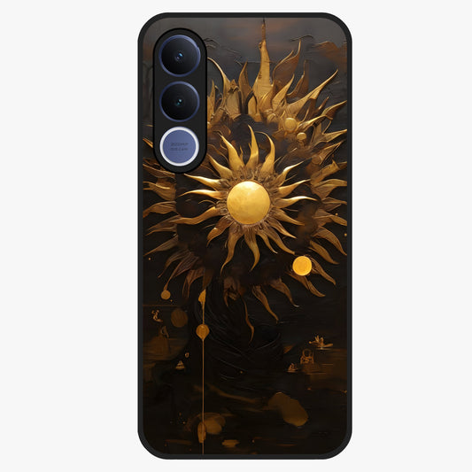 Golden Sun Majesty Glass Case showing flat back view with radiant golden sun artwork and glossy glass finish.