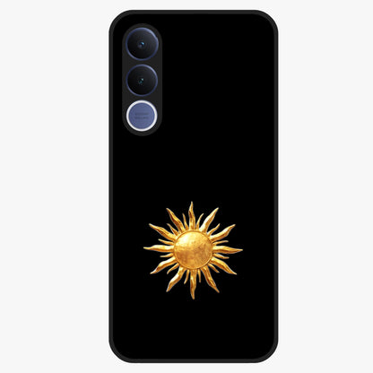 Golden Sun Minimalism Glass Case showing flat back view with minimal golden sun artwork and glossy glass finish.