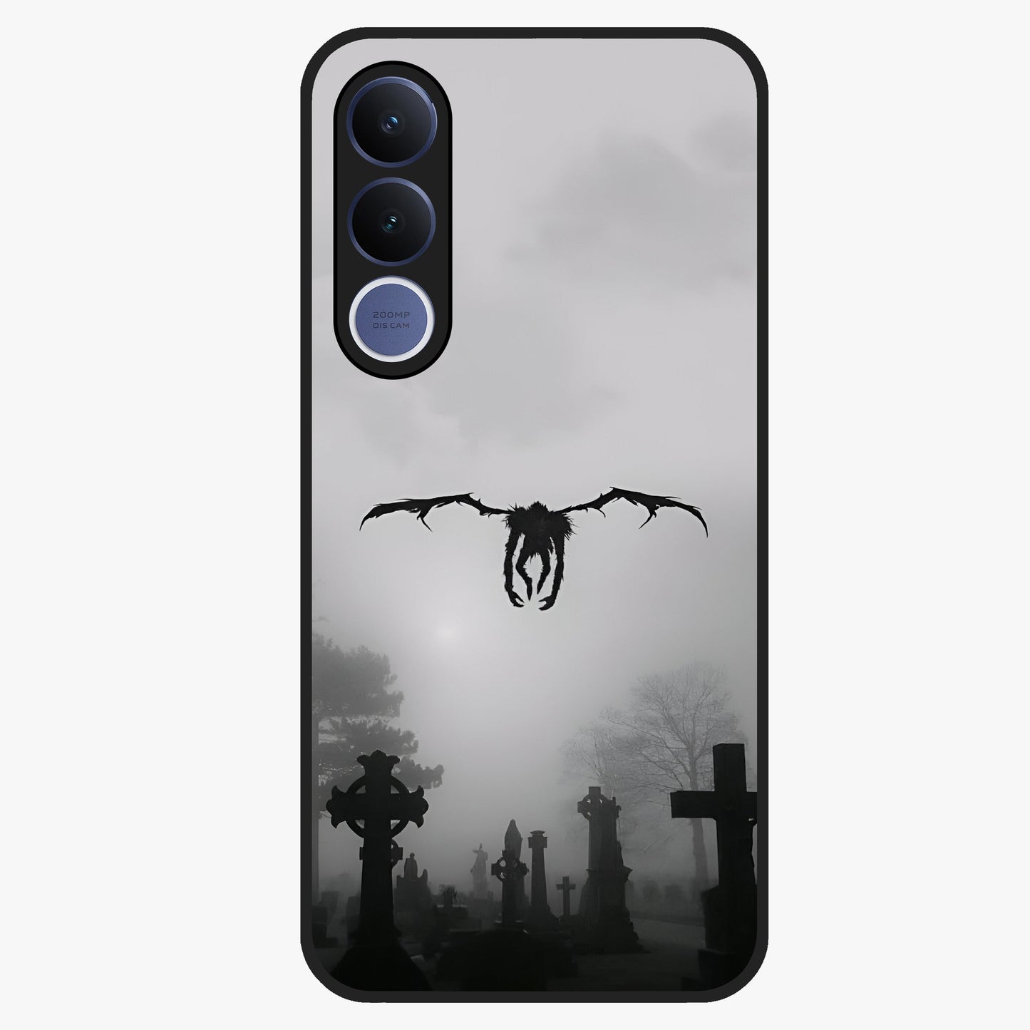 Graveyard Shadow Descent Glass Case showing flat back view with dark graveyard themed artwork and glossy glass finish.