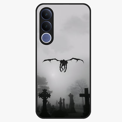 Graveyard Shadow Descent Glass Case showing flat back view with dark graveyard themed artwork and glossy glass finish.