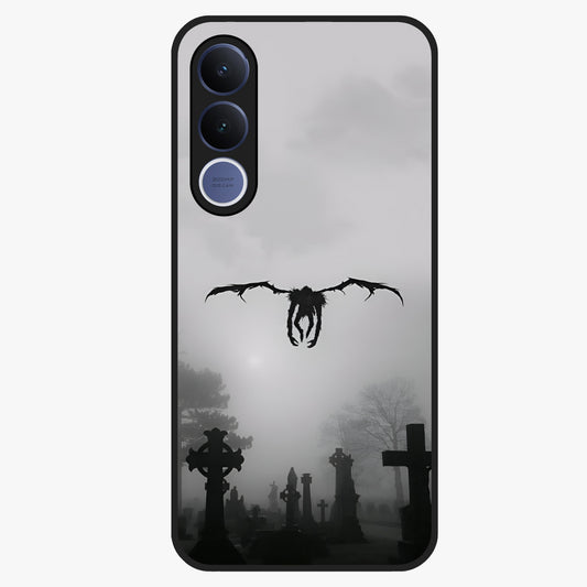 Graveyard Shadow Descent Glass Case showing flat back view with dark graveyard themed artwork and glossy glass finish.