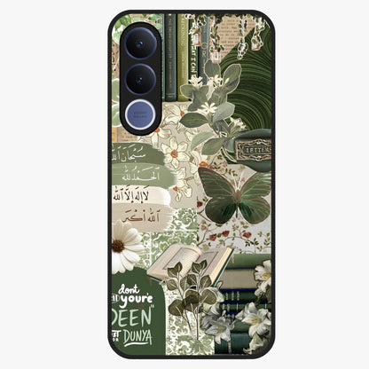 Green Islamic Books Quotes Glass Case showing flat back view with Islamic quotes and book themed artwork and glossy glass finish.