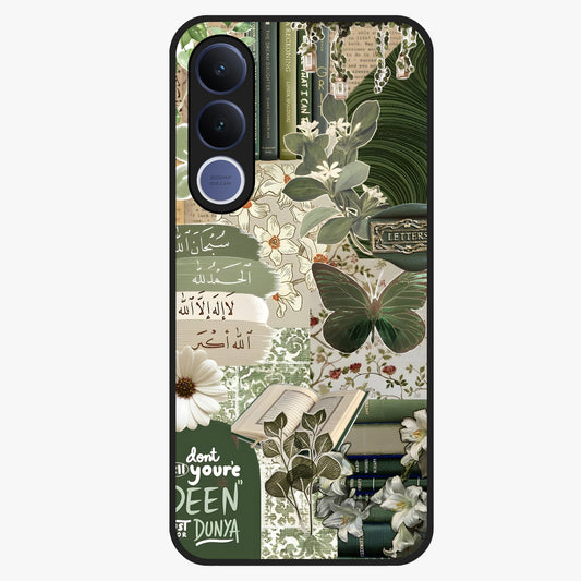 Green Islamic Books Quotes Glass Case showing flat back view with Islamic quotes and book themed artwork and glossy glass finish.