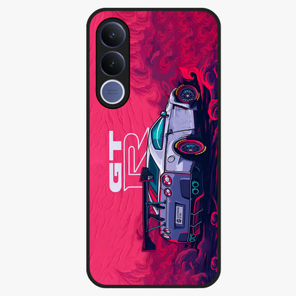GT-R Car Pattern Glass Case showing flat back view with sporty car inspired pattern artwork and glossy glass finish.