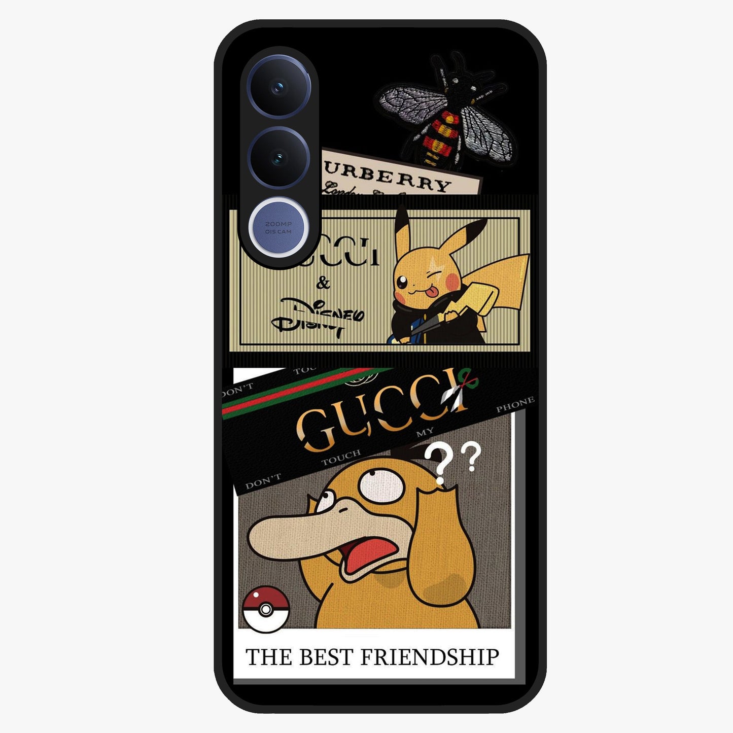 Gucci Play Mashup Glass Case showing flat back view with luxury inspired graphic artwork and glossy glass finish.
