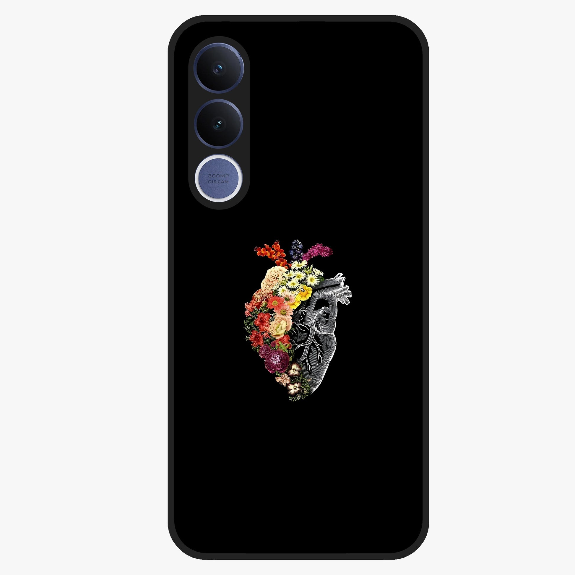 Heart With Flowers Glass Case showing flat back view with heart shaped floral artwork and glossy glass finish.