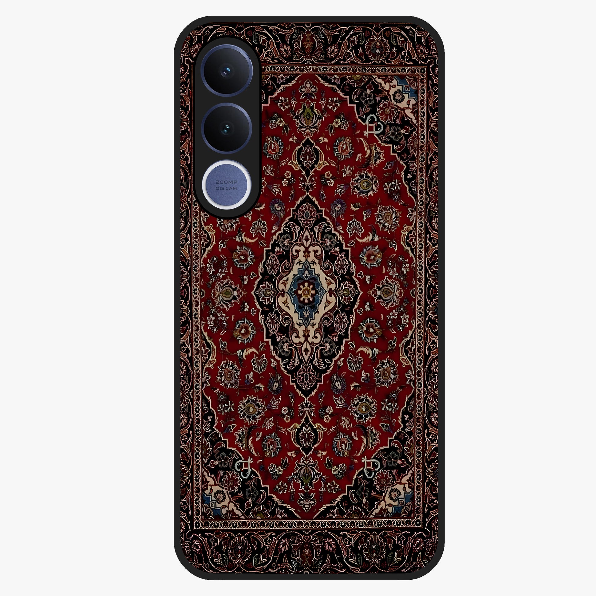 Heritage Carpet Royale Glass Case showing flat back view with ornate Persian carpet inspired pattern and glossy glass finish.