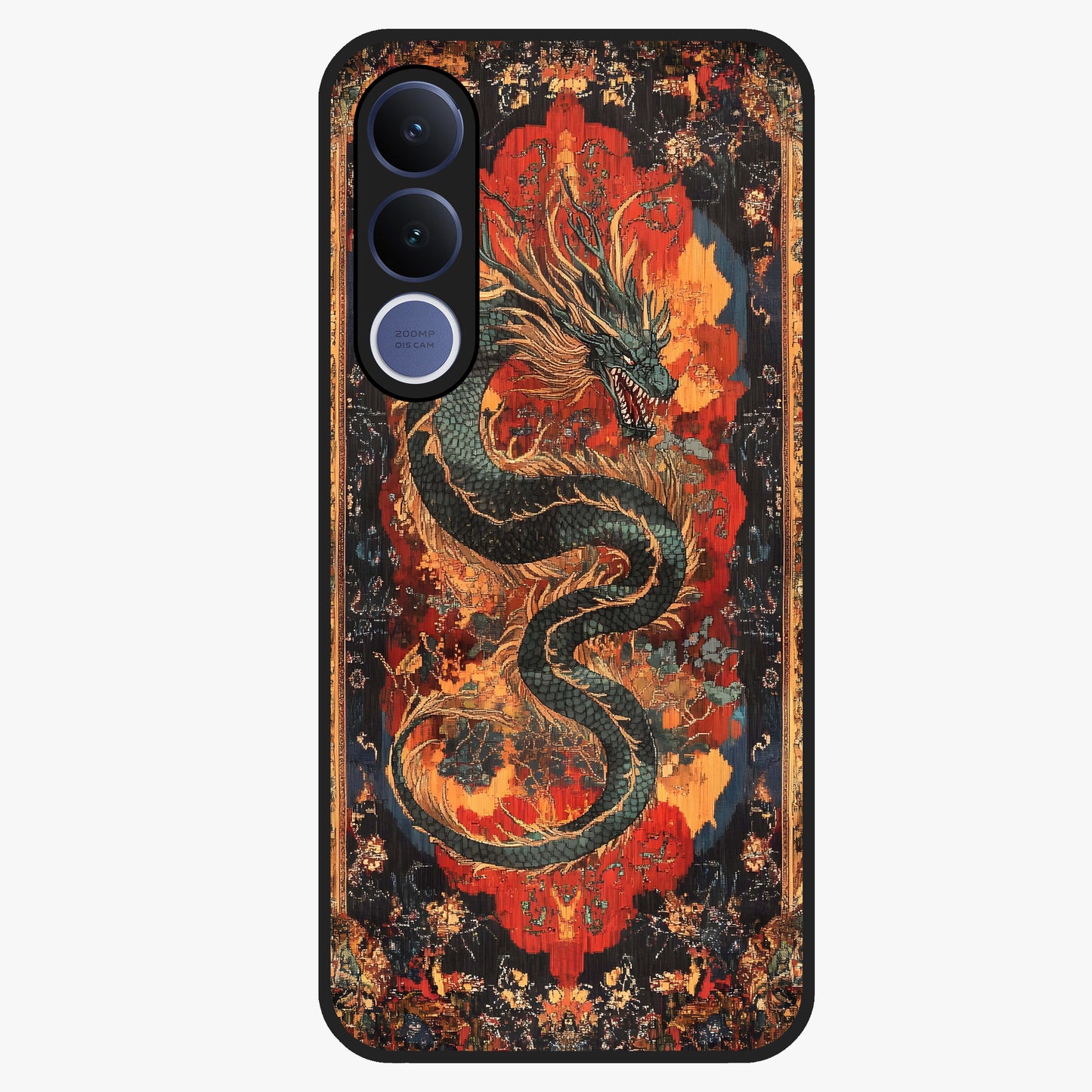 Inferno Dragon Soul Glass Case showing flat back view with fiery dragon artwork and glossy glass finish.