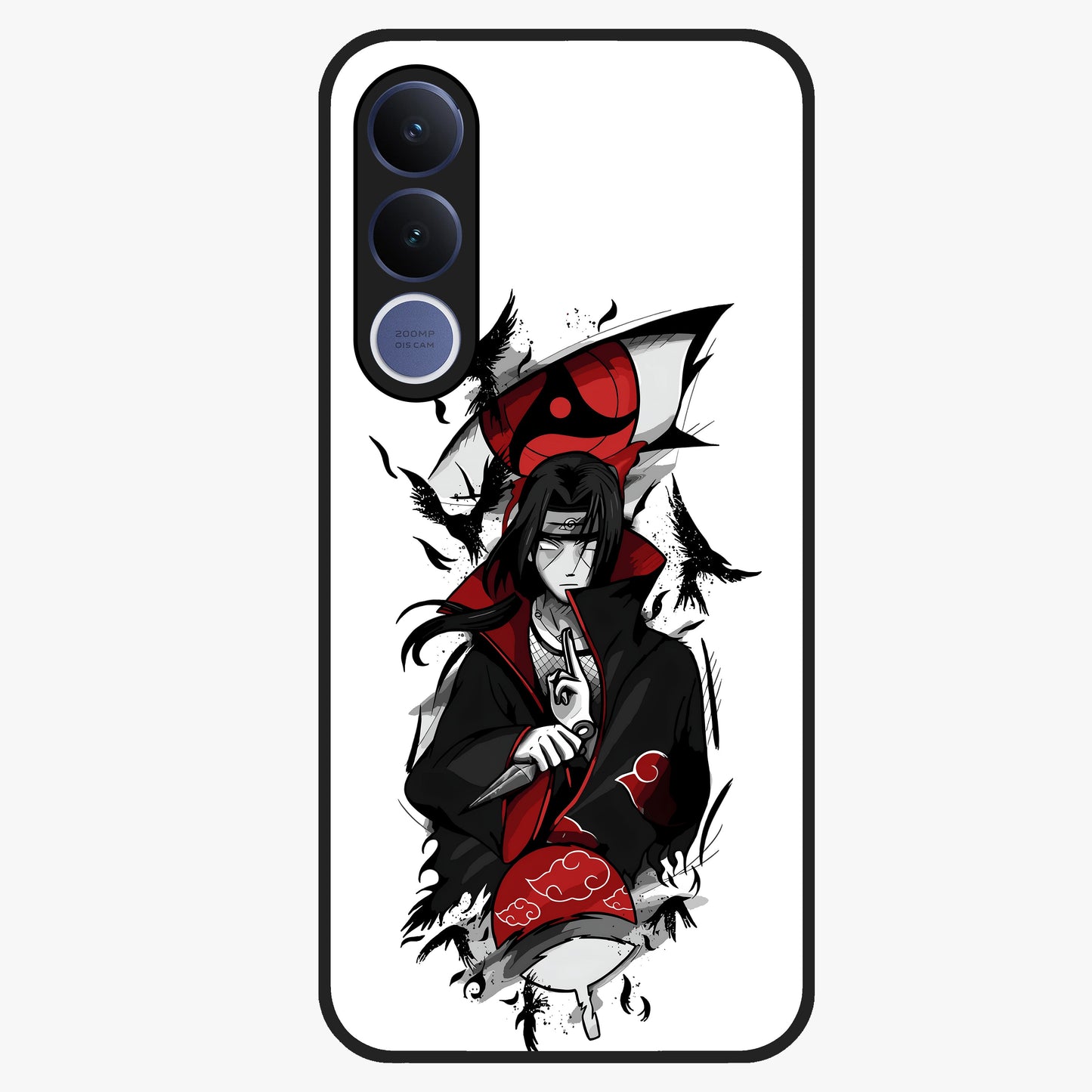 Itachi Sharingan Glass Case showing flat back view with powerful anime eye artwork and glossy glass finish.