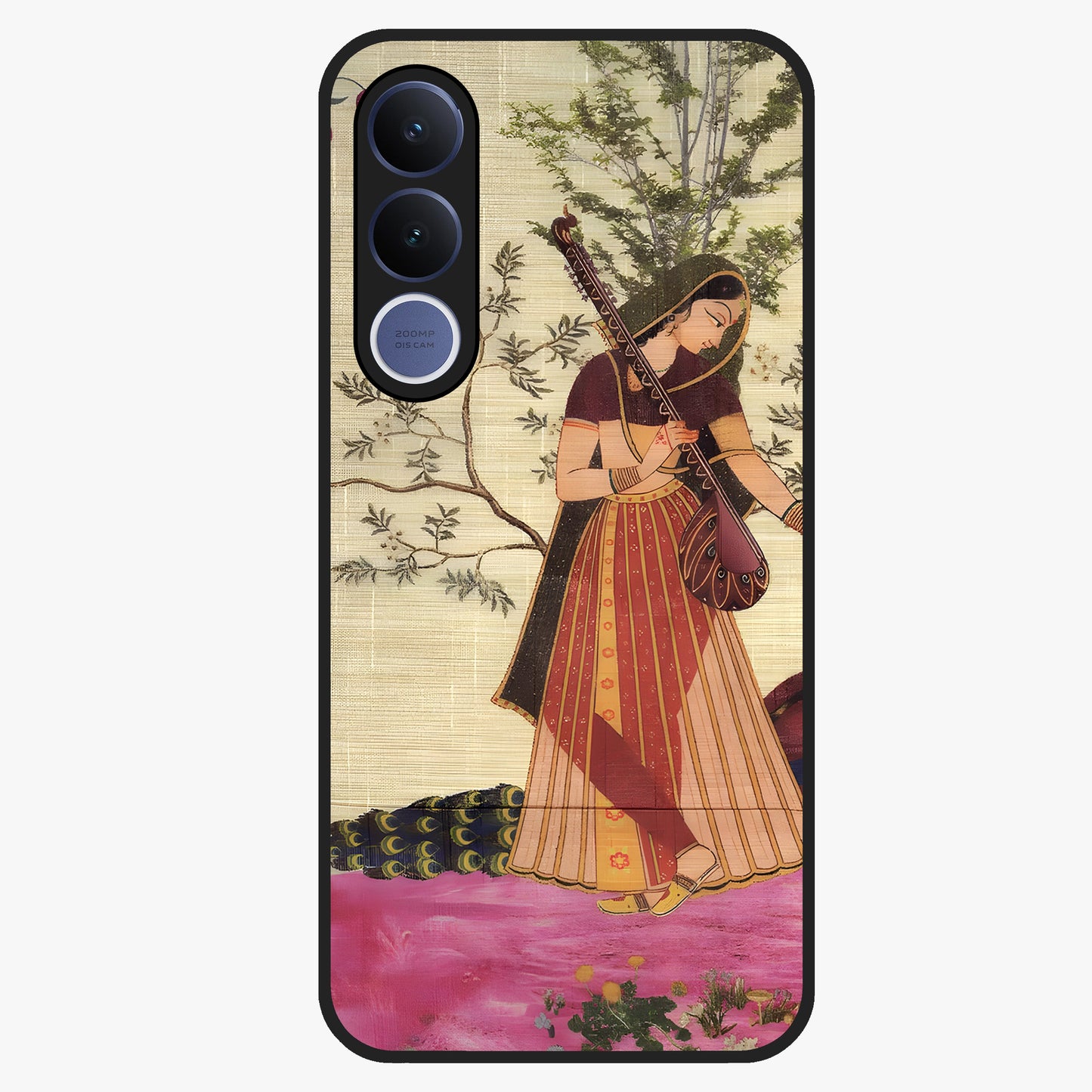 Lady With Veena Art Glass Case showing flat back view with elegant woman playing veena artwork and glossy glass finish.