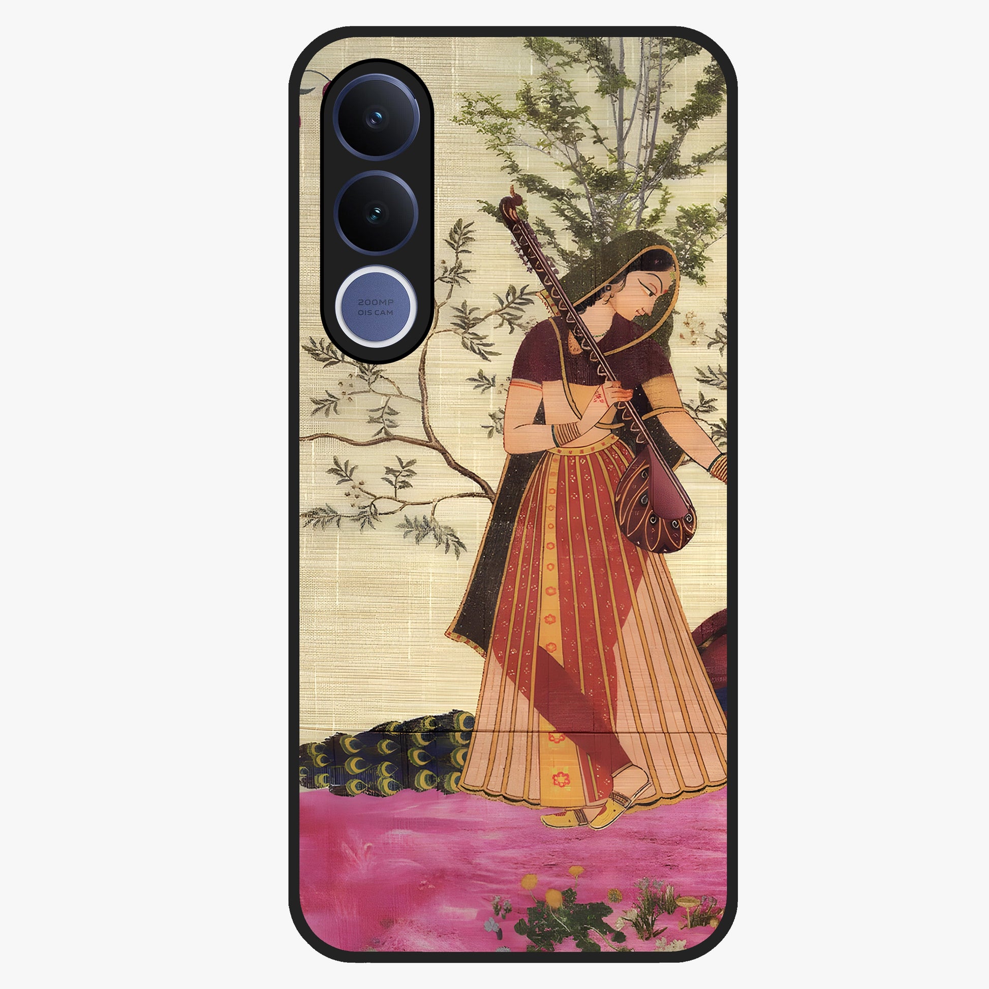 Lady With Veena Art Glass Case showing flat back view with elegant woman playing veena artwork and glossy glass finish.