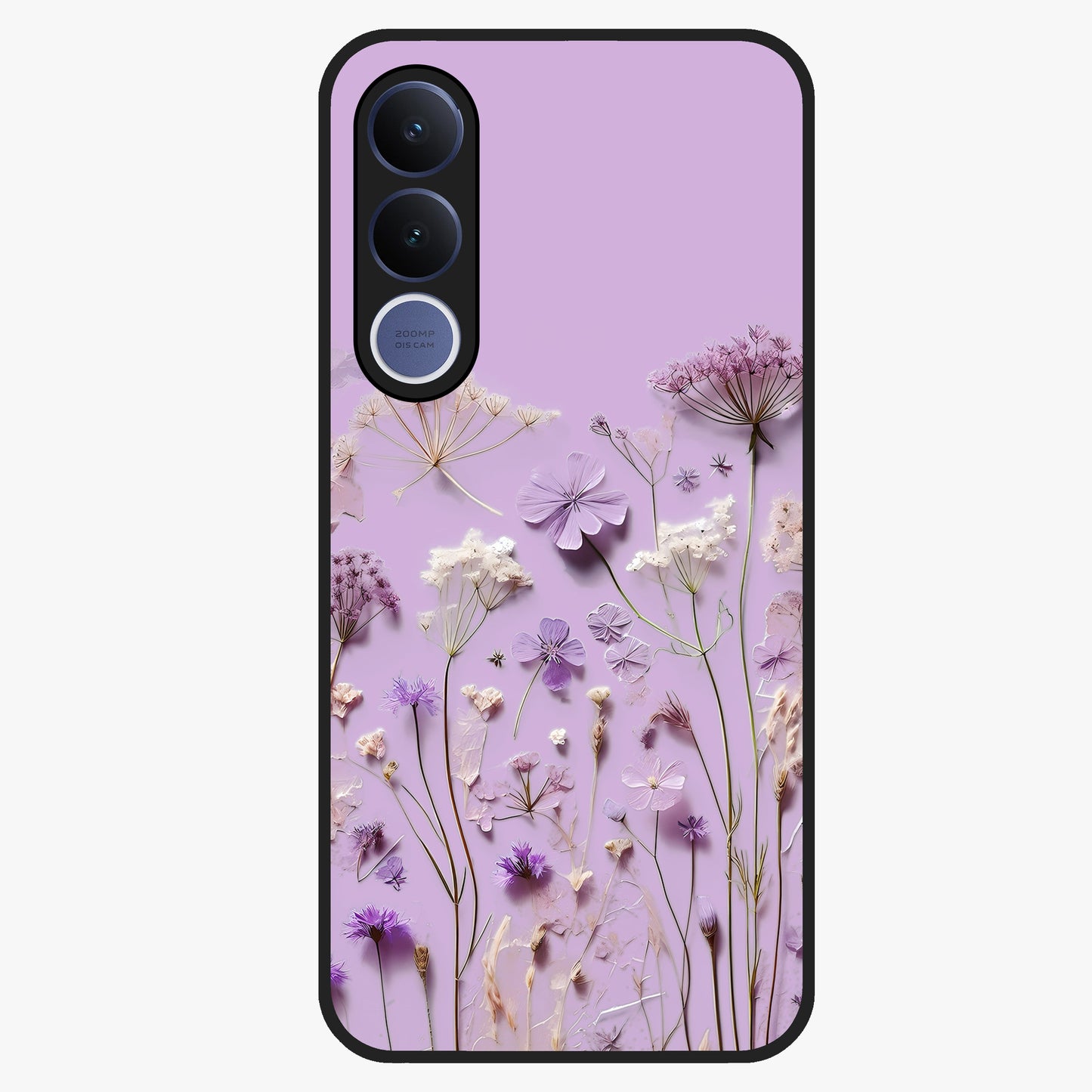 Lavender Blossom Dream Glass Case showing flat back view with soft lavender floral artwork and glossy glass finish.