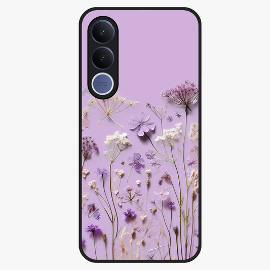 Lavender Blossom Dream Glass Case showing flat back view with soft lavender floral artwork and glossy glass finish.