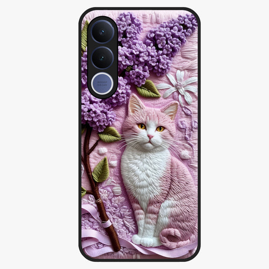 Lavender Cat Whimsy Glass Case showing flat back view with cute lavender cat artwork and glossy glass finish.