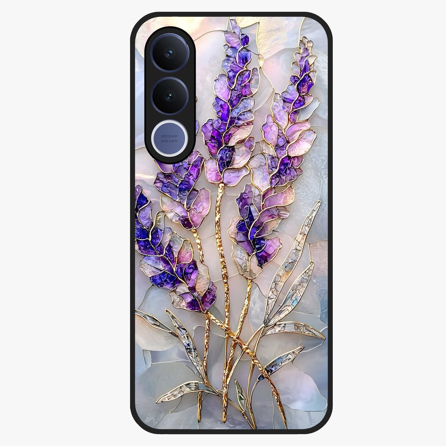 Lavender Dream Glow Glass Case showing flat back view with glowing lavender aesthetic artwork and glossy glass finish.
