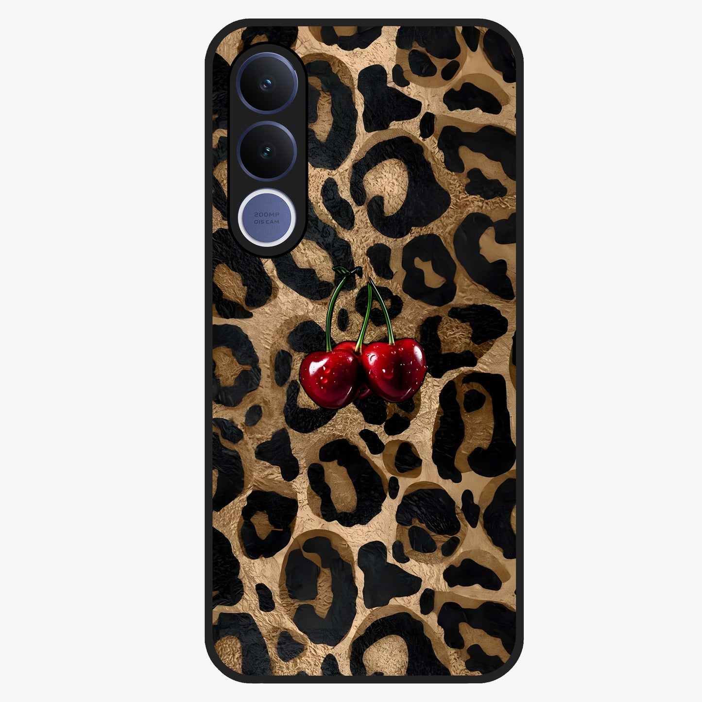 Leopard Wild Cherry Glass Case showing flat back view with leopard pattern and cherry artwork and glossy glass finish.