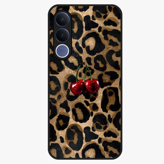 Leopard Wild Cherry Glass Case showing flat back view with leopard pattern and cherry artwork and glossy glass finish.