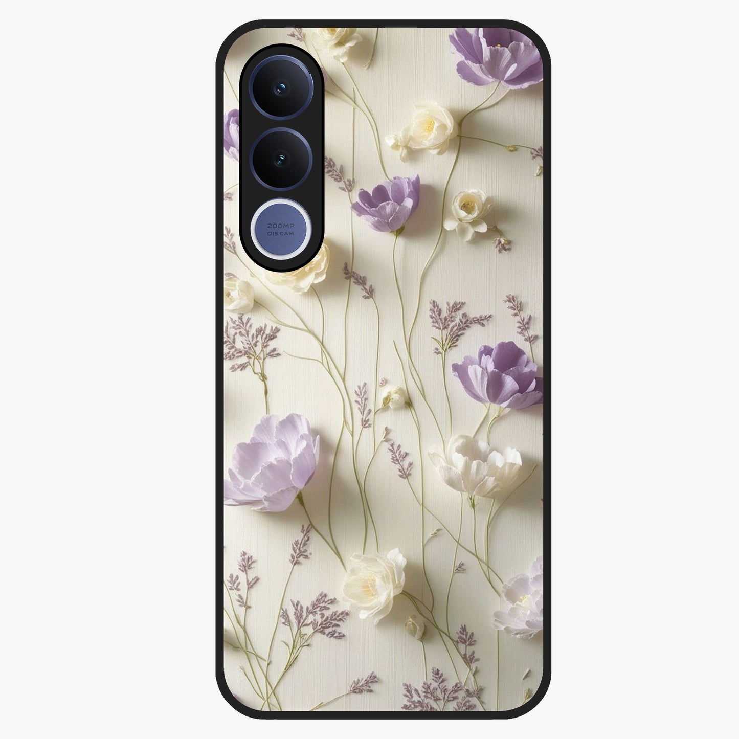 Lilac Breeze Harmony Glass Case showing flat back view with soft lilac themed artwork and glossy glass finish.