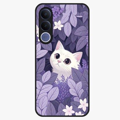 Lilac Hide Peek Cat Glass Case showing flat back view with cute peeking cat artwork and glossy glass finish.