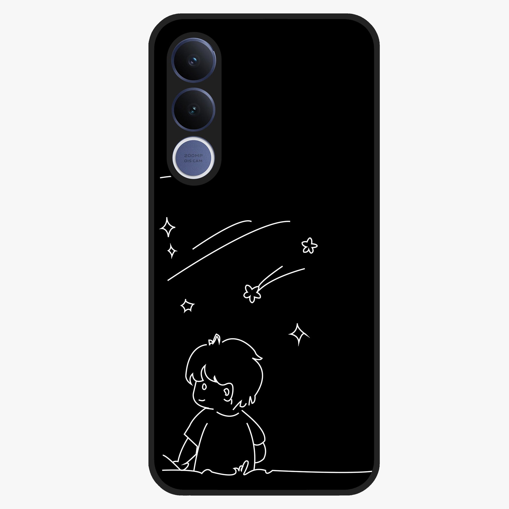 Line Art Boy With Shooting Stars Glass Case showing flat back view with minimal line art boy and shooting stars illustration and glossy glass finish.