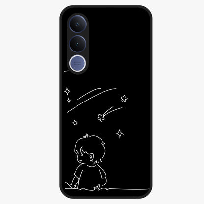 Line Art Boy With Shooting Stars Glass Case showing flat back view with minimal line art boy and shooting stars illustration and glossy glass finish.