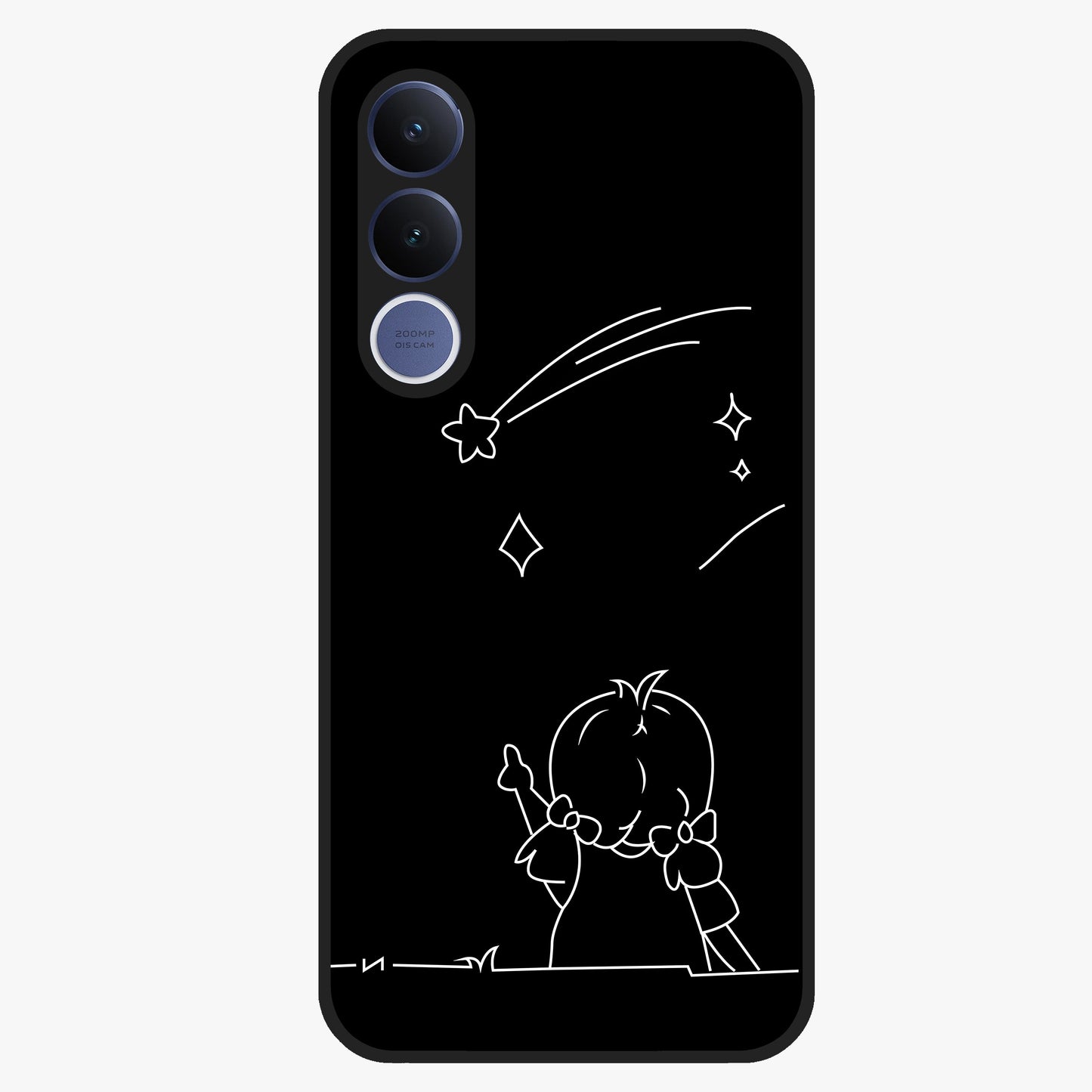 Line Art Girl With Shooting Stars Glass Case showing flat back view with minimal line art girl and shooting stars illustration and glossy glass finish.