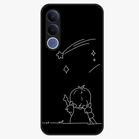 Line Art Girl With Shooting Stars Glass Case showing flat back view with minimal line art girl and shooting stars illustration and glossy glass finish.