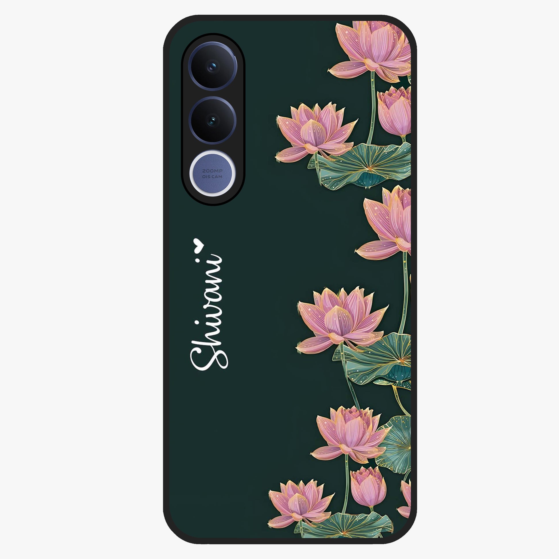 Lotus Bloom Serenity Custom Name Glass Case showing flat back view with elegant lotus flower artwork and personalized name design.